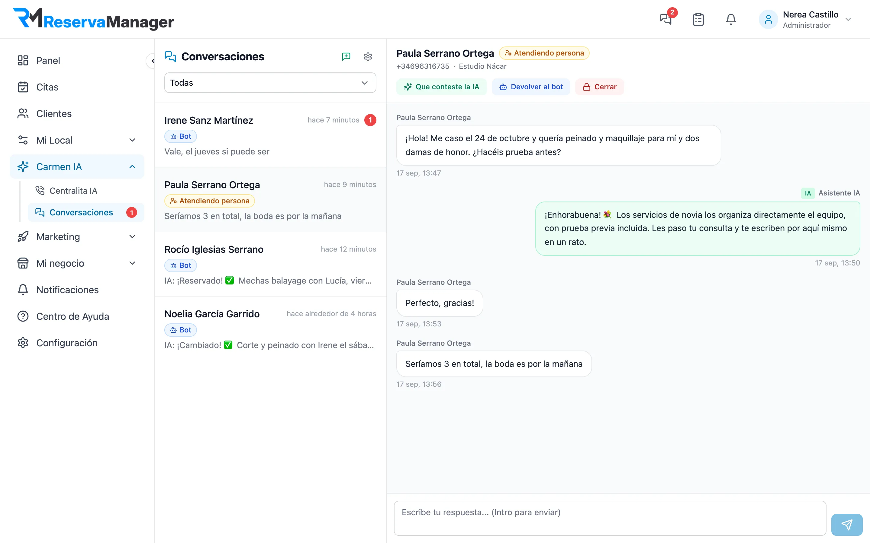 Inbox de WhatsApp con una consulta de peinado de novia pasada al equipo