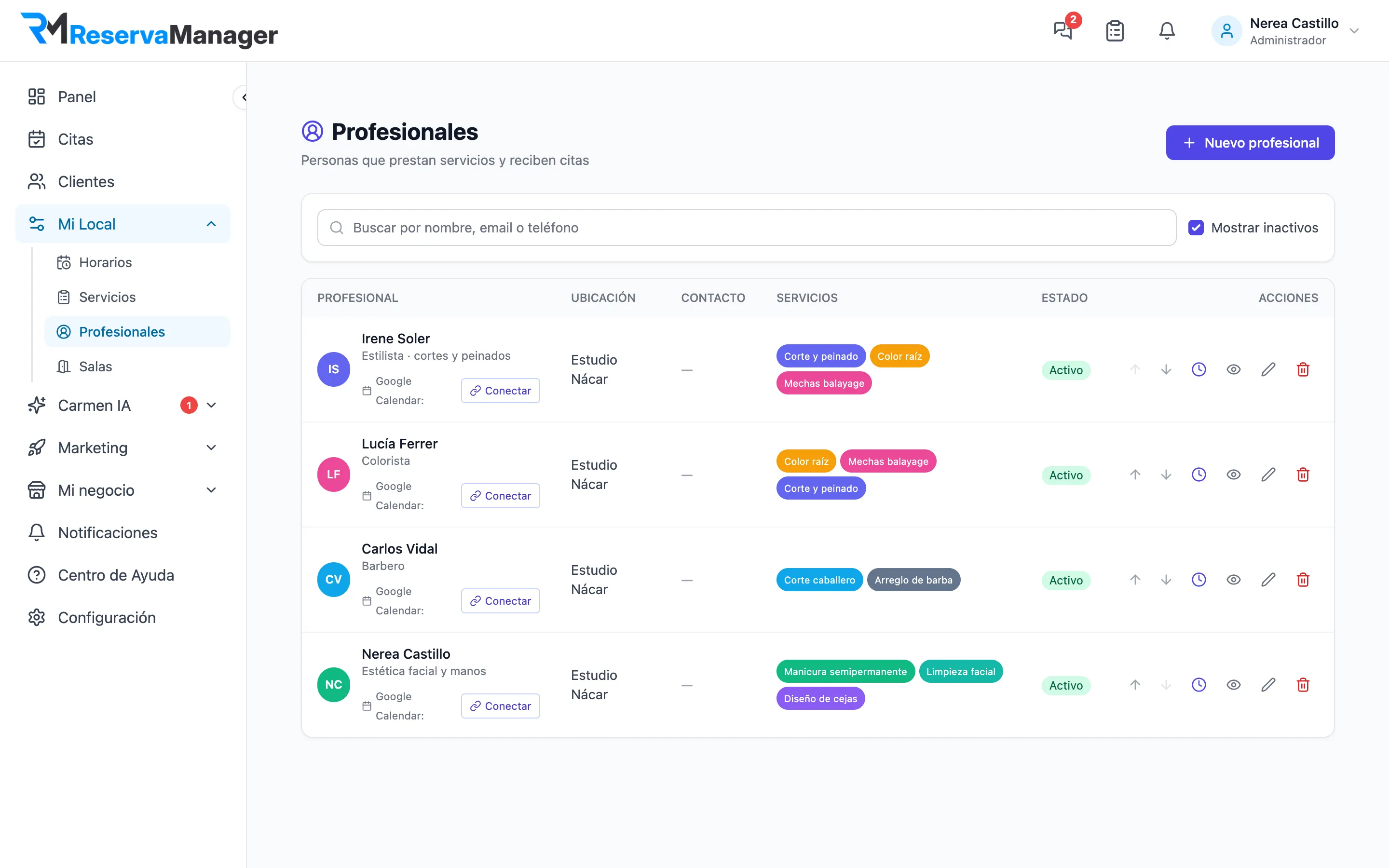 Listado de profesionales del salón con los servicios que hace cada uno y su conexión con Google Calendar