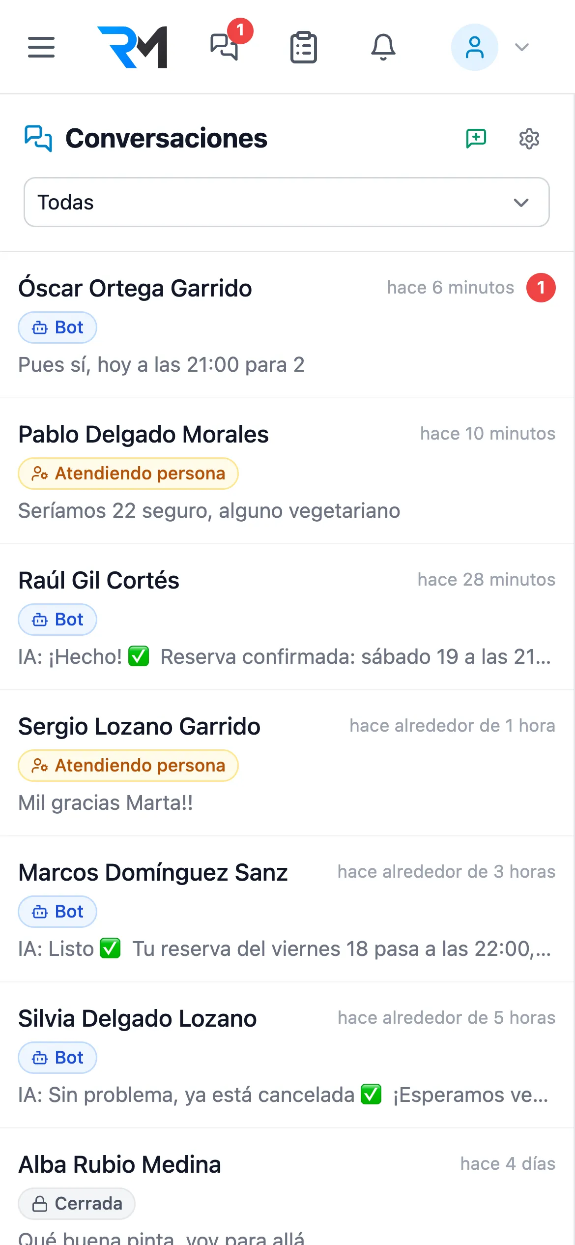 Conversaciones de WhatsApp que atiende Carmen y las que ha pasado al equipo