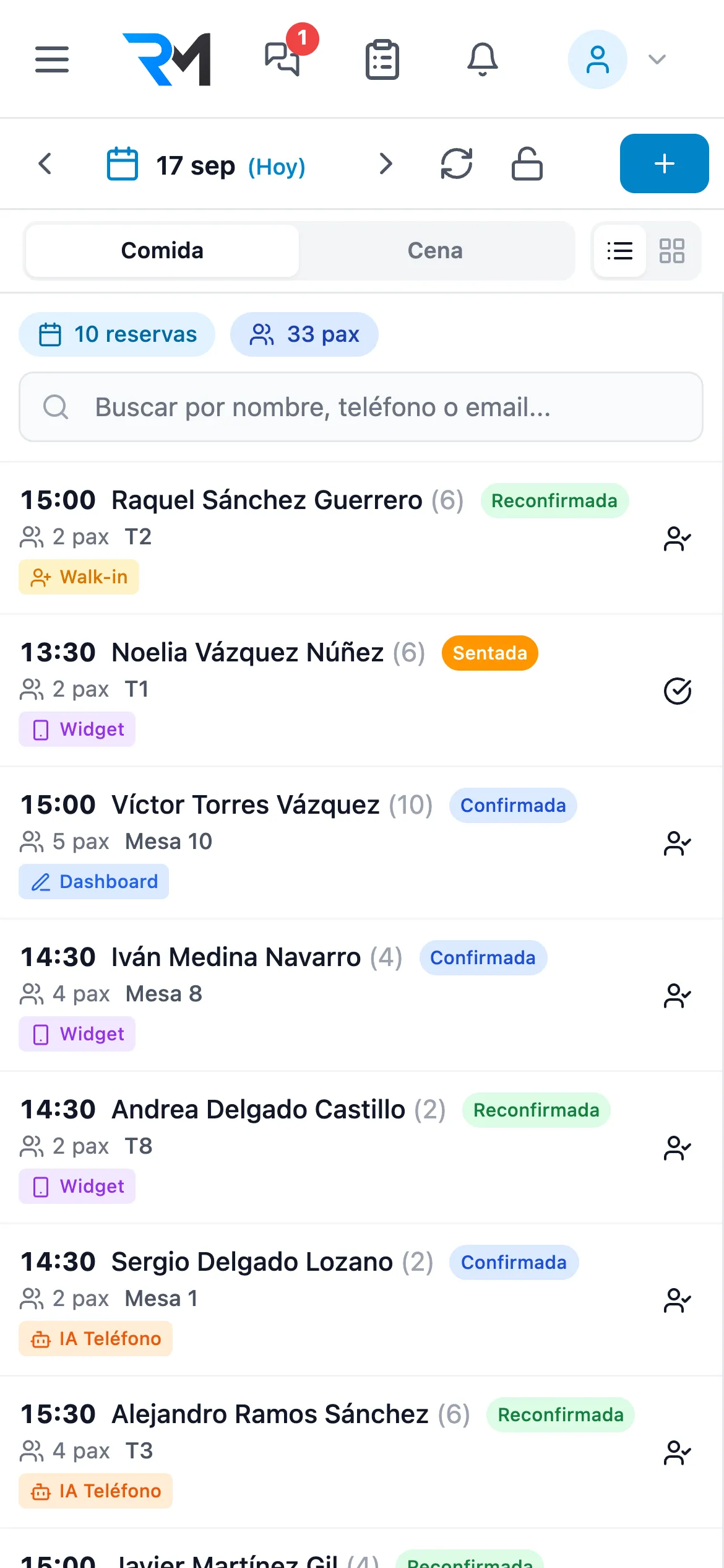 Reservas del día en el móvil