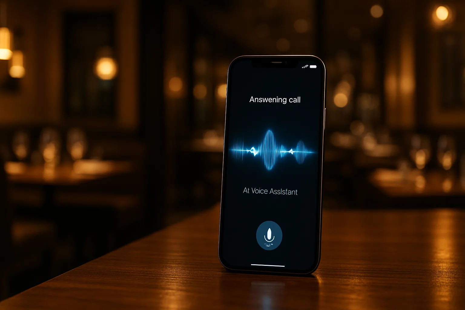 Smartphone con asistente de voz IA en mostrador de restaurante respondiendo llamadas automáticamente