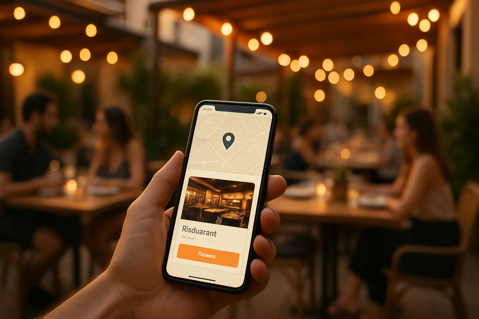 Cliente reservando mesa en un restaurante cercano desde la app de ReservaManager en su smartphone