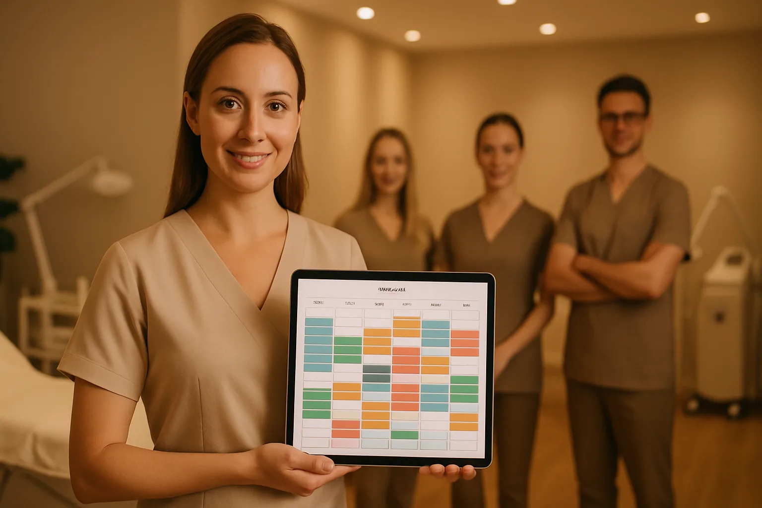 Gerente de clínica de belleza gestionando agendas de múltiples especialistas en tablet