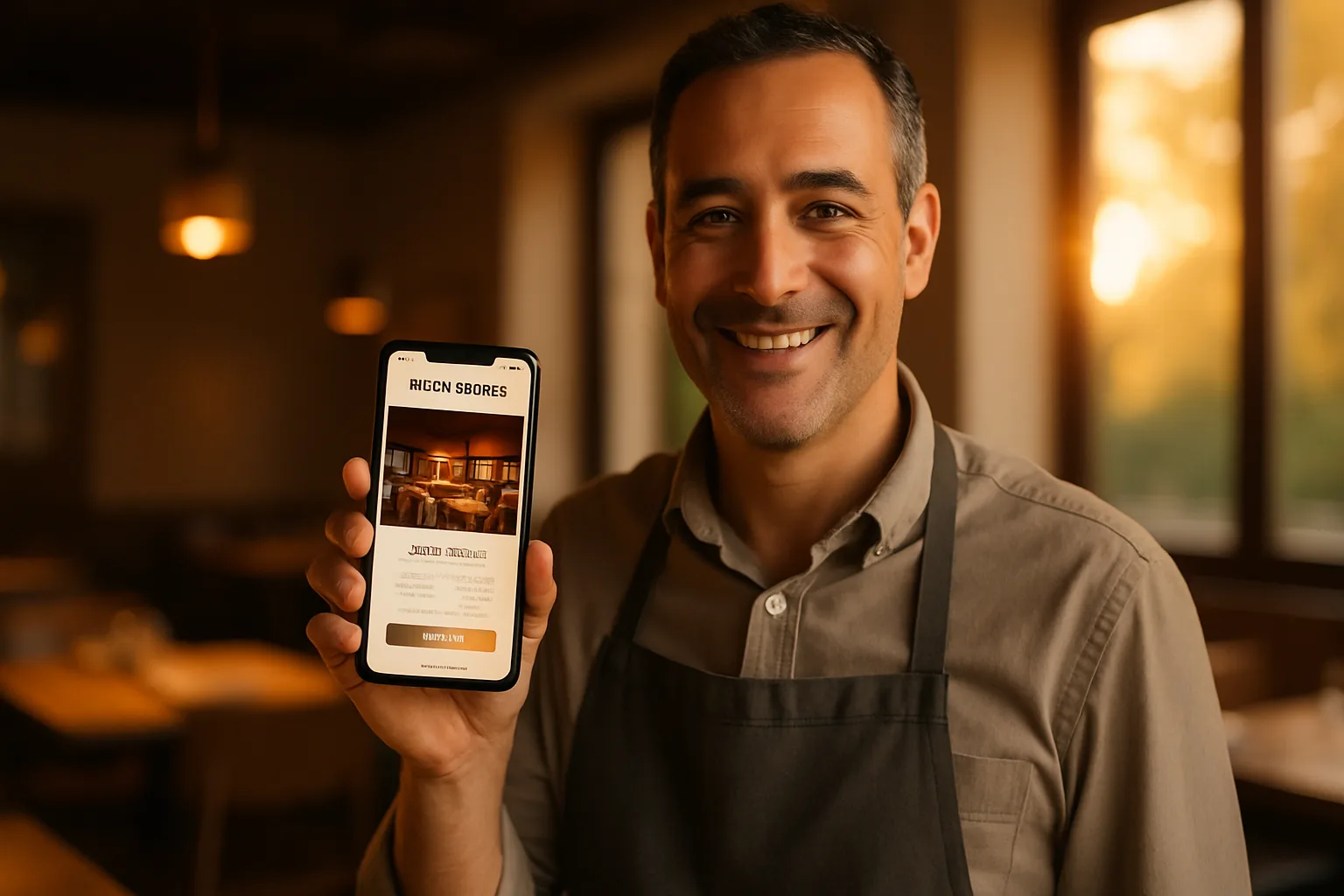 Dueño de un restaurante mostrando en el móvil la página web de su negocio con foto, horario y botón de reservar
