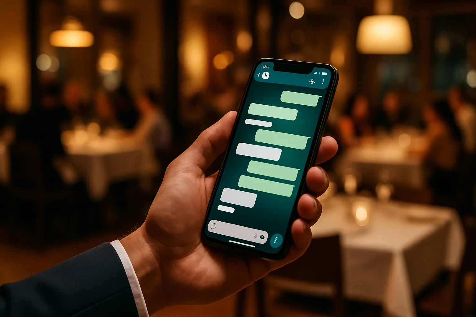Camarero sosteniendo un móvil con una conversación de WhatsApp con inteligencia artificial en un restaurante